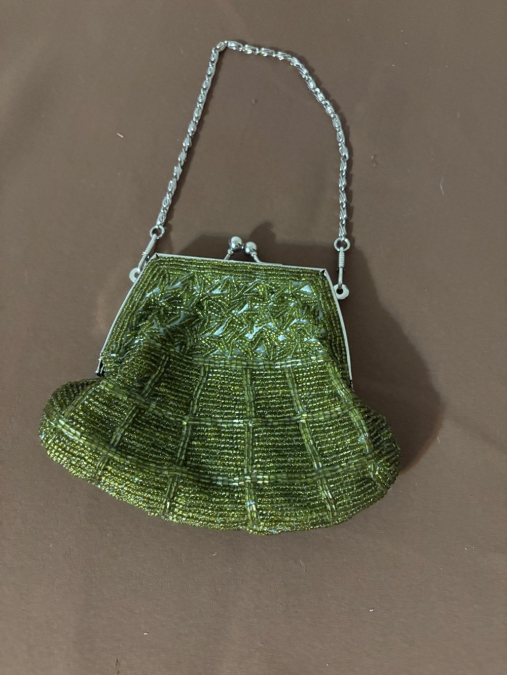 Beaded Olive Green Evening Clutch with Chain Handle